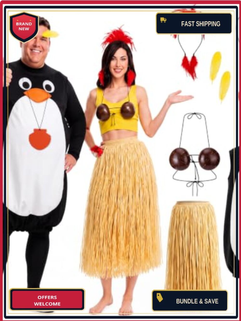 7 Pc Penguin Chicken Couples Costume Set Coconut Bra Grass Skirt Luau